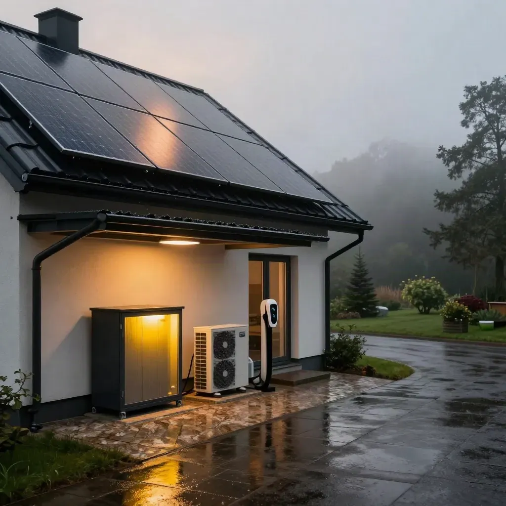 Svensk villa med solcellstak, batteriskåp, värmepump och laddbox i regnigt kvällsljus.