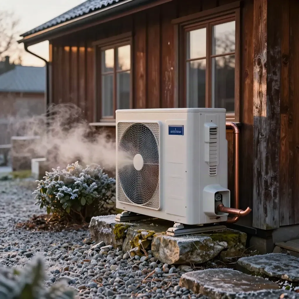 Luftvärmepump på stenplint vid villa, frostigt grus och varm ånga i vinterluften.