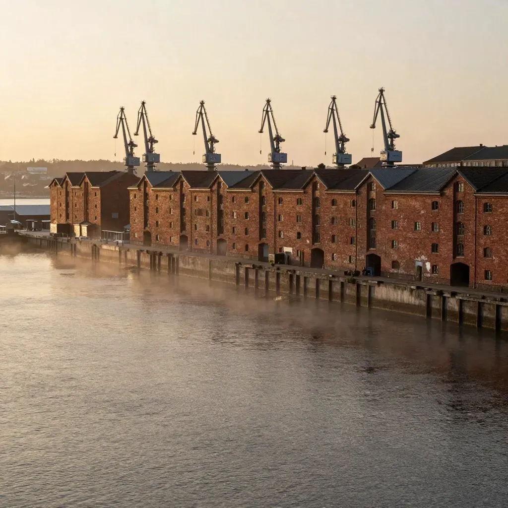 Göteborgs hamn i varm dimma med tegelmagasin och kranar högt i bilden.